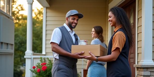 Delivery driver handing parcel to customer at doorstep in small Mississippi town
