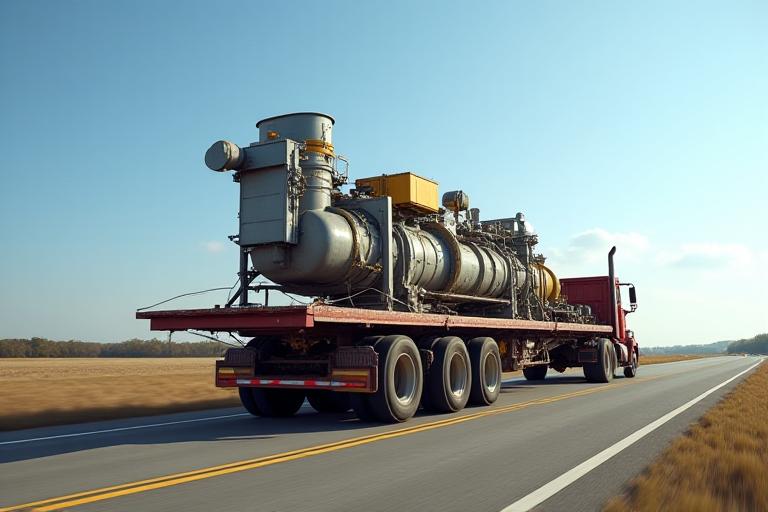Flatbed truck carrying oversized industrial equipment on a rural Mississippi highway
