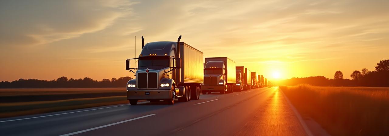 T&L Trucking LLC freight truck fleet on Mississippi highway at sunrise